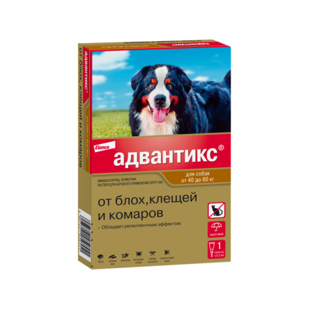 Адвантикс® для собак от 40 до 60 кг для защиты от блох, иксодовых клещей и летающих насекомых и переносимых ими заболеваний. 1 пипетка в упаковке. – интернет-магазин Ле’Муррр